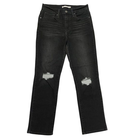 Levi's 724 Womens High Rise Straight Jeans 28 Black Distressed Stretch Denim - Picture 1 of 8